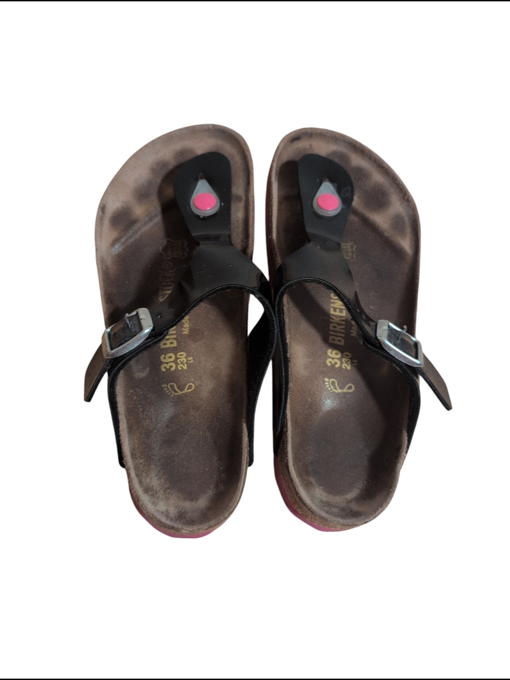 Birkenstock Black Patent Leather Thong Sandals with Pink Accents